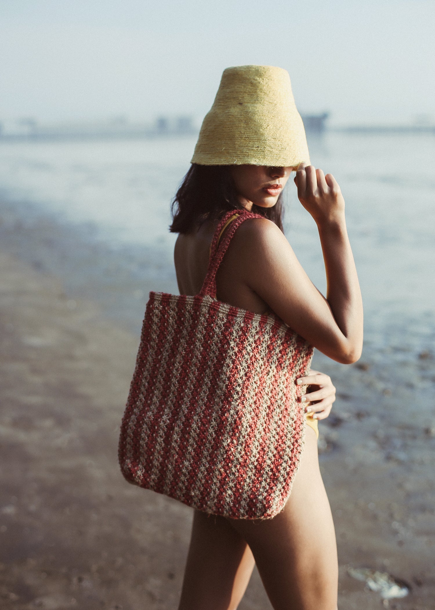 Louisa Striped Jute Tote Bag - Handwoven Natural Straw Beach Bag