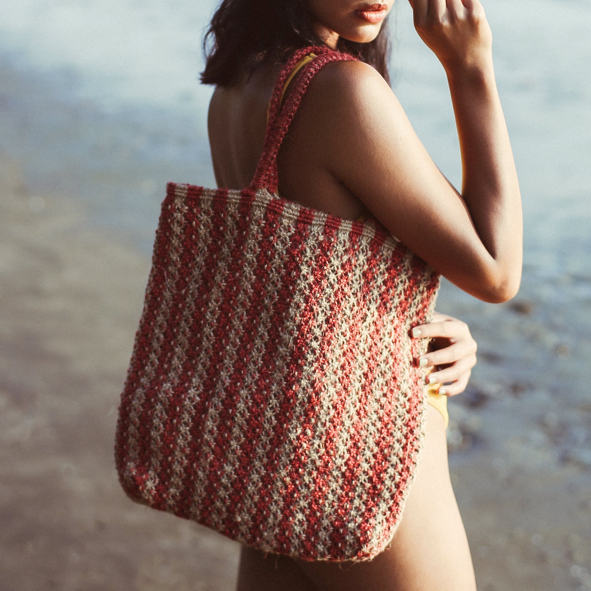 Louisa Striped Jute Tote Bag - Handwoven Natural Straw Beach Bag