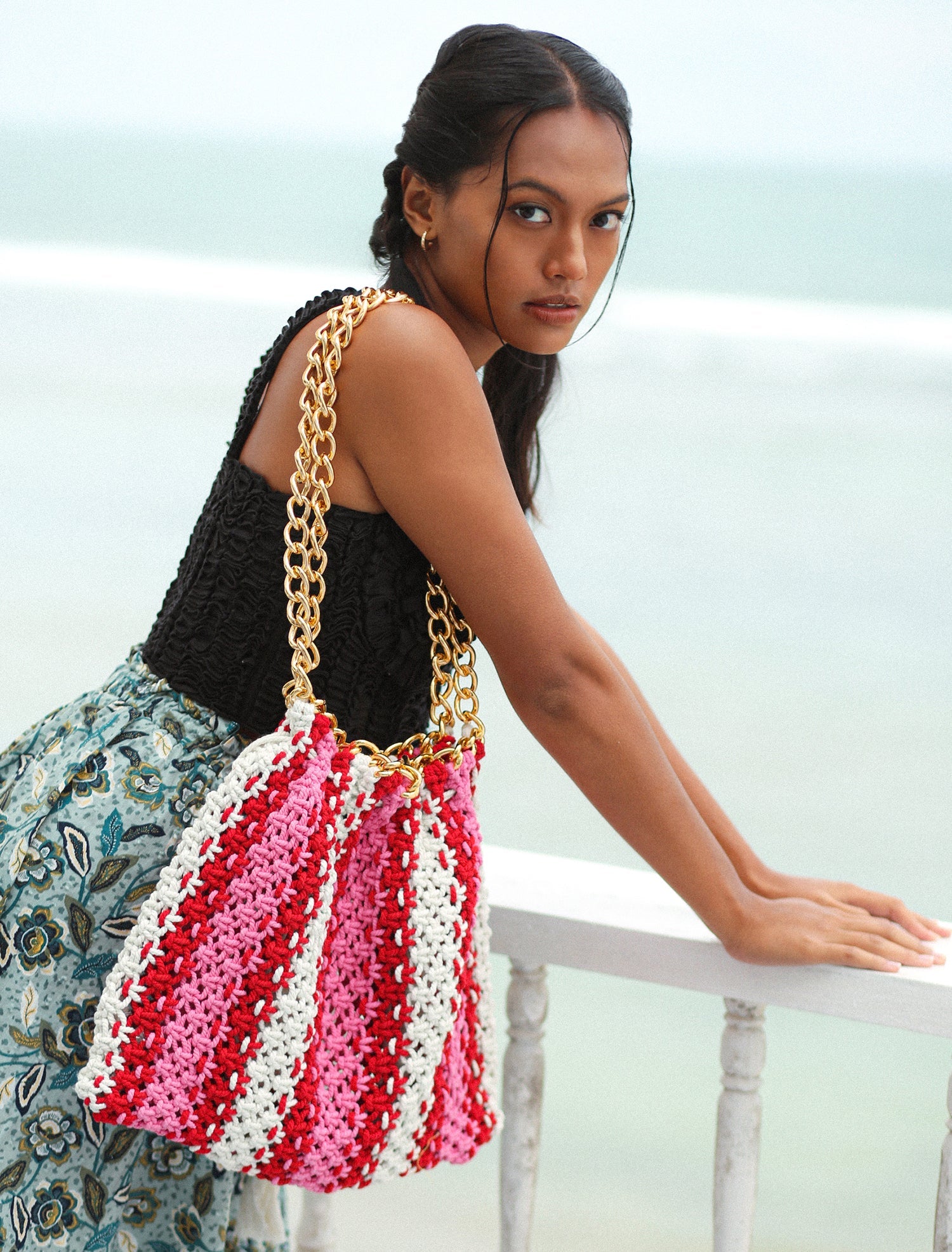 COLETTE Macrame Beach Bag - Pink & Red