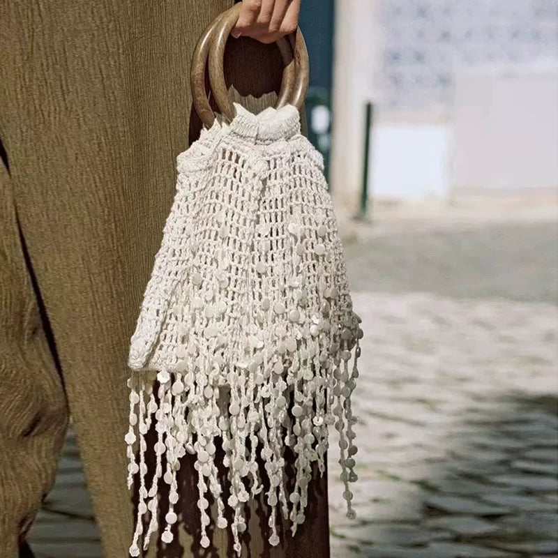 Spring 2026 New Fairy Crochet Bag Fringe Handbag Wooden Ring Shell Hollow Bag Women's Trend