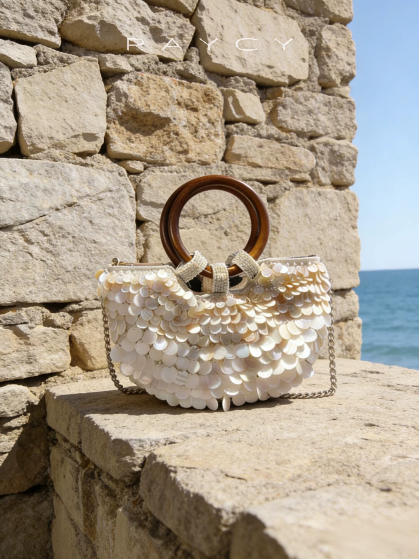 French vintage handmade shell women's bag ring hand-held crossbody bag wooden ring fairy style chain seaside vacation
