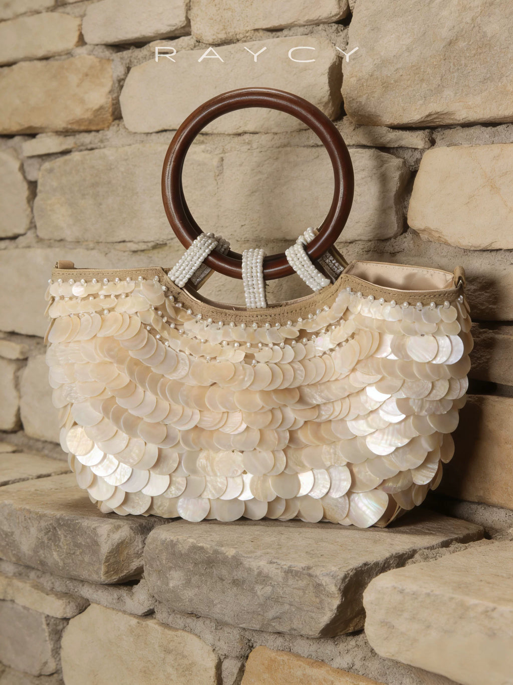 French vintage handmade shell women's bag ring hand-held crossbody bag wooden ring fairy style chain seaside vacation