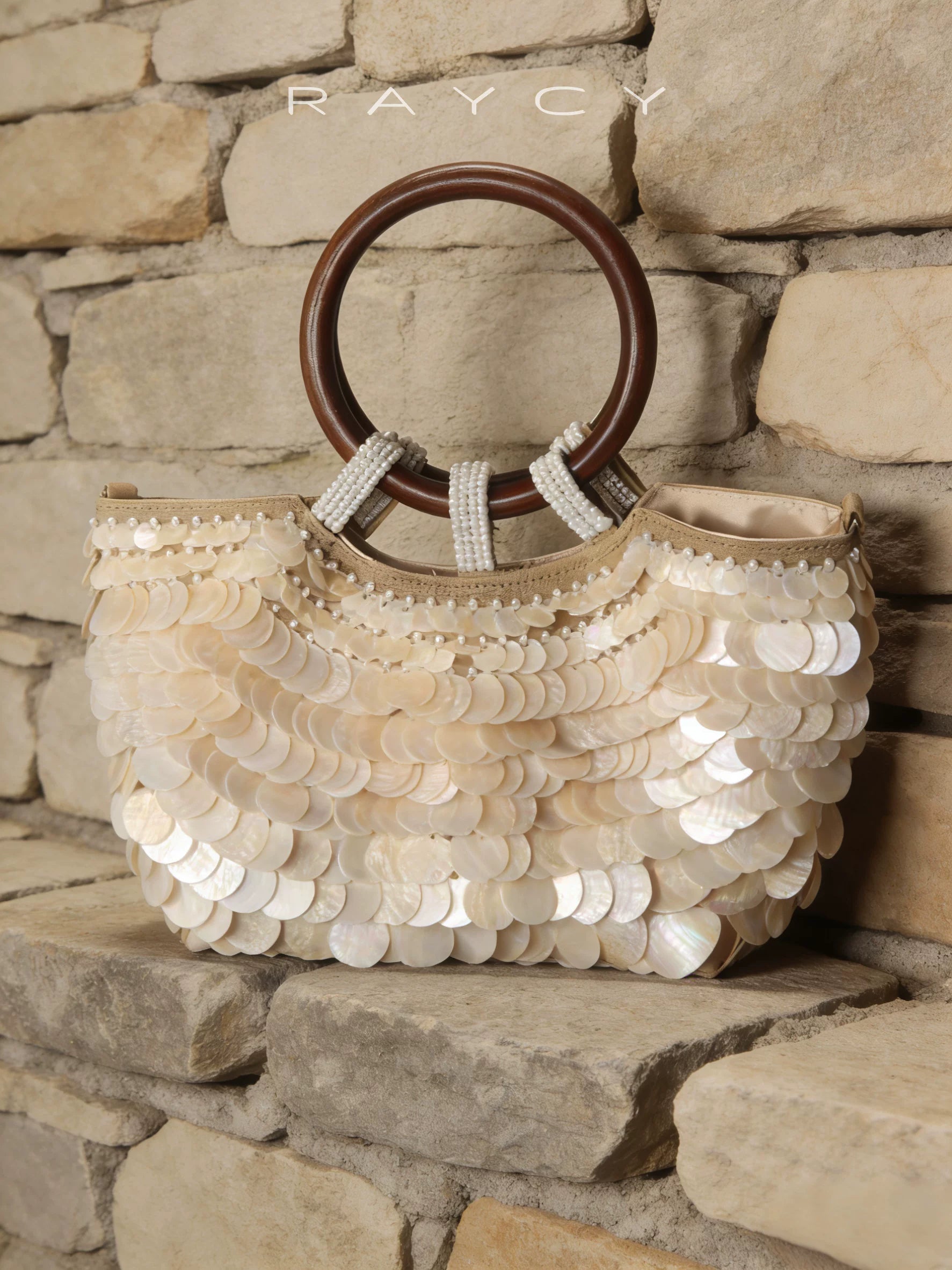 French vintage handmade shell women's bag ring hand-held crossbody bag wooden ring fairy style chain seaside vacation