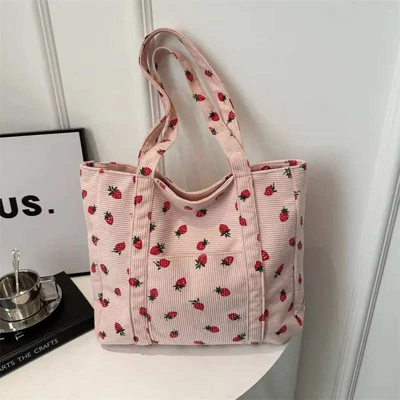 Strawberry Corduroy Beach Tote