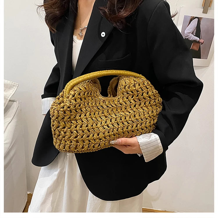 Polly Woven Straw Beach Tote Bag