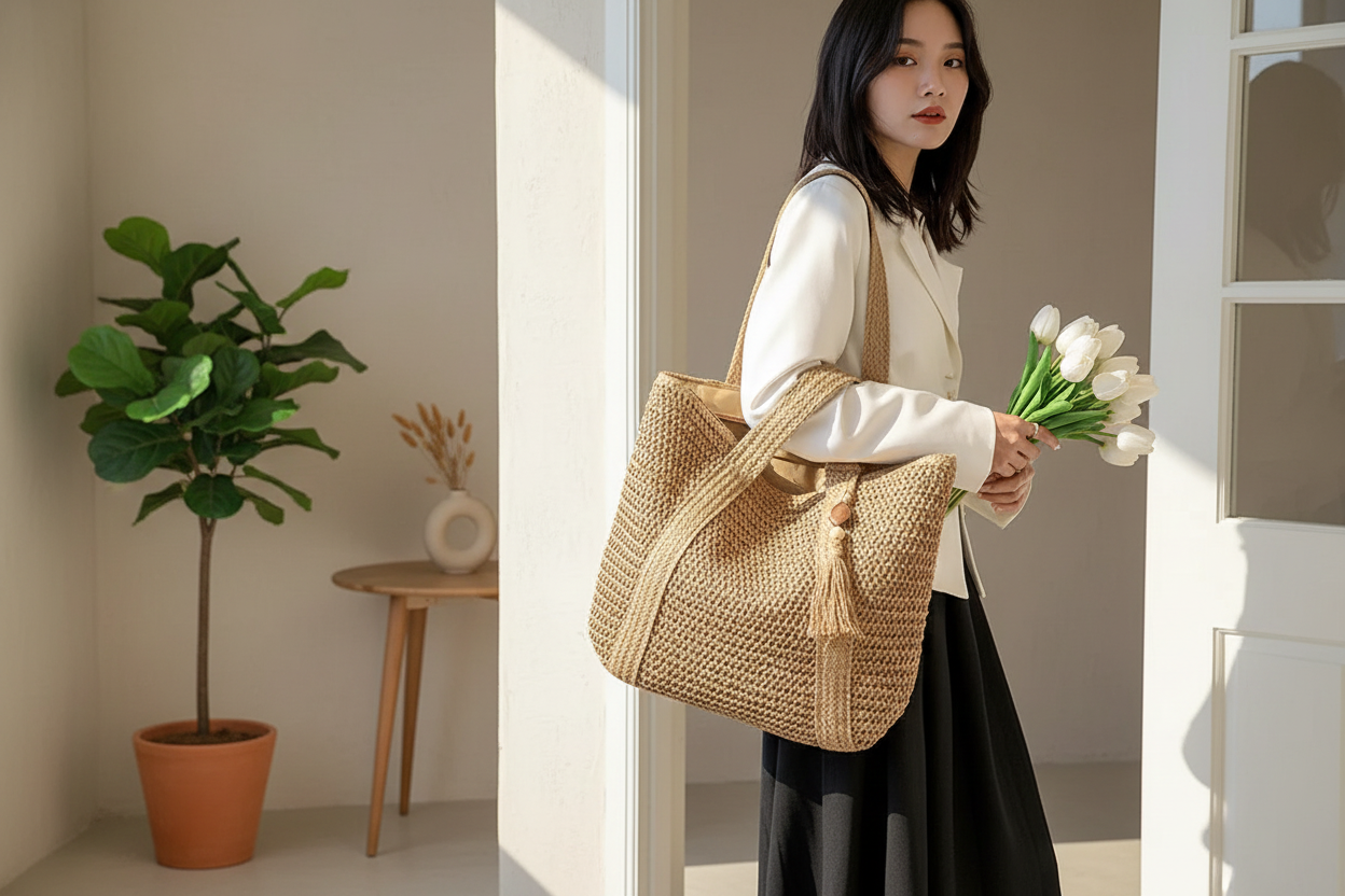 Beige Woven Straw Bag Everyday Lifestyle