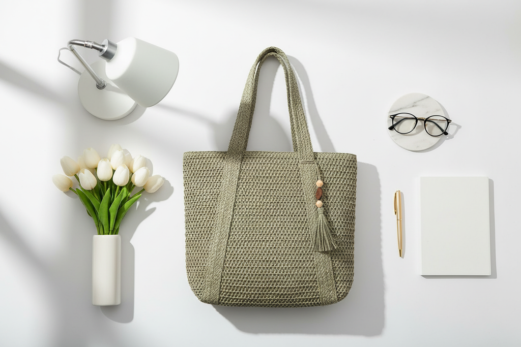 Beige Woven Straw Bag Flat Lay