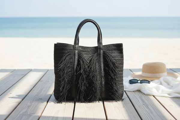 Black Straw Tote Bag Lifestyle Image