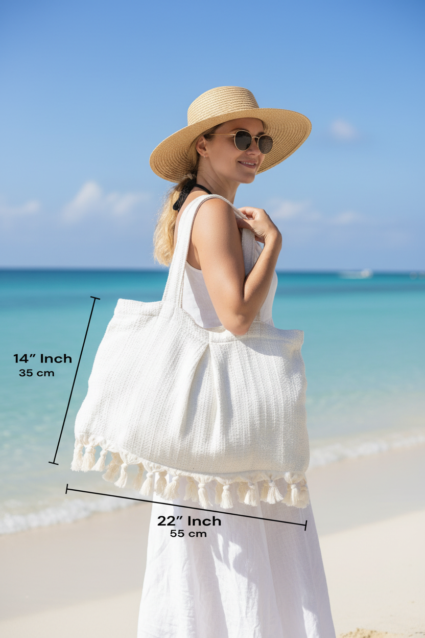 White Woven Beach Tote with Dimensions